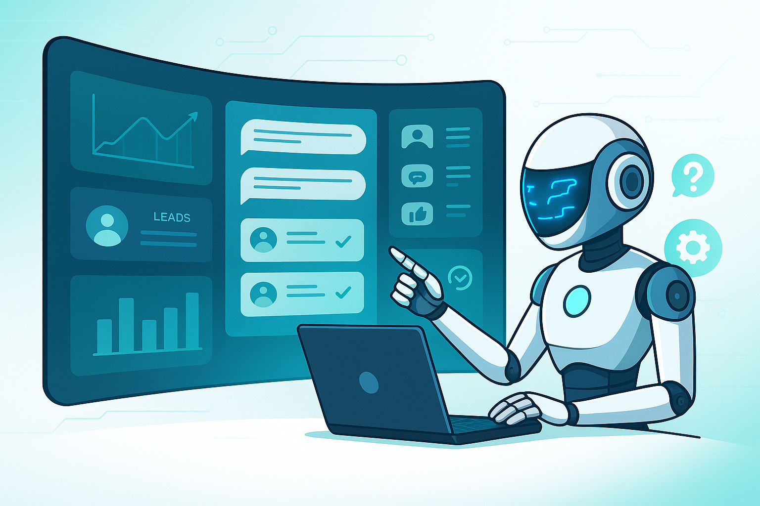 Robô apresentando dashboard de leads e métricas