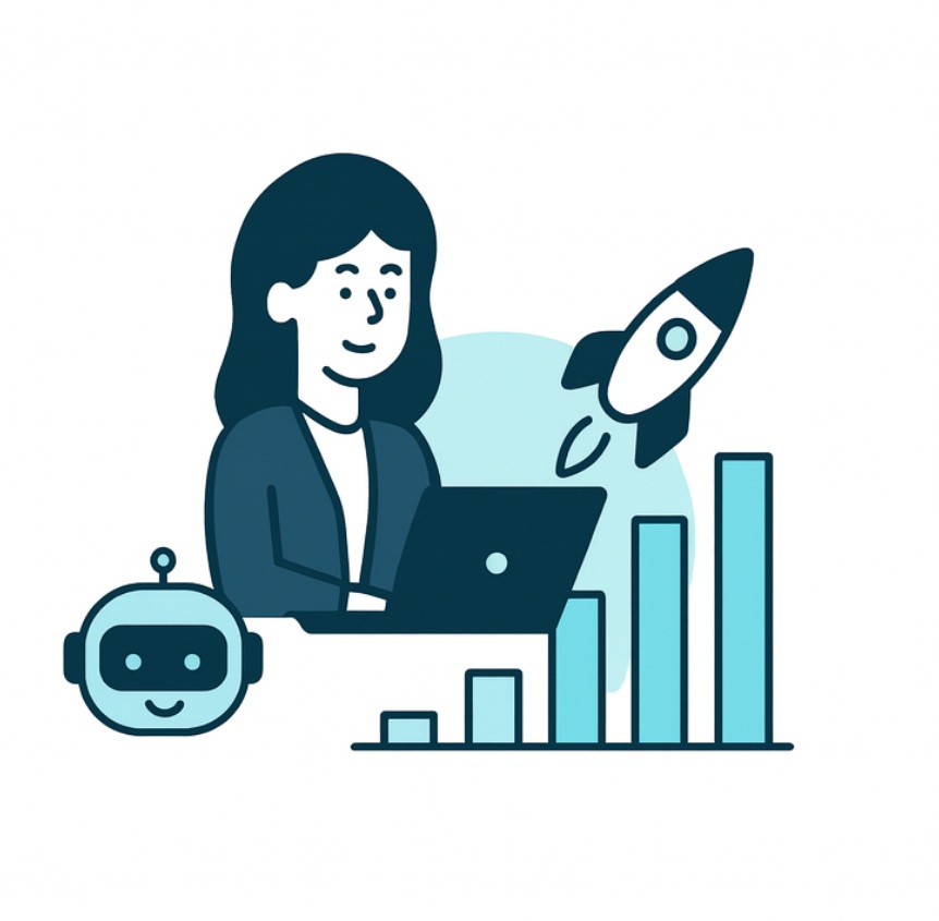 Ilustração: profissional usando laptop, chatbot e foguete simbolizando crescimento